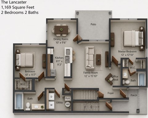 Floor plan for 2 beds, 2 baths, 1281 sqft